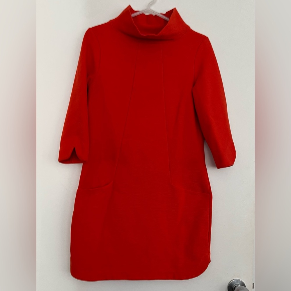 Mod Boden Bright Orange Funnel Neck Three Quarter Sleeve Mini Dress With Pockets